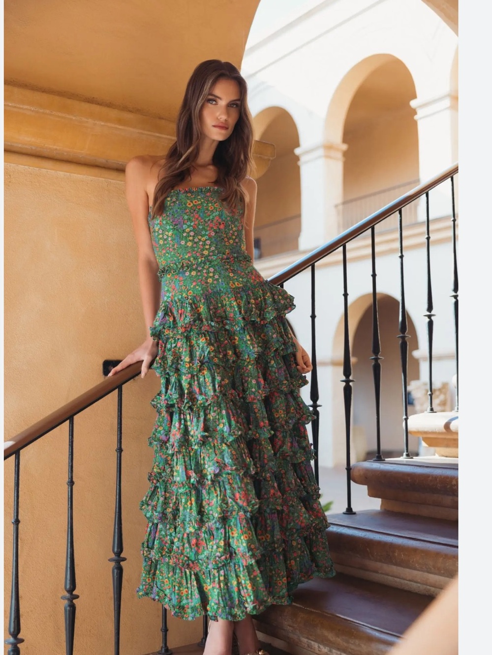 Mac Duggal Green Floral Strapless Tiered Ruffle Maxi Dress